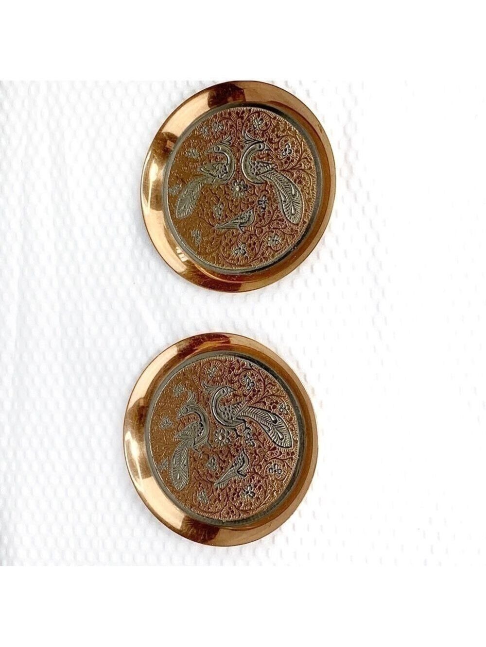 NEW-2PC Intricately Etched Peacock On Brass Plates